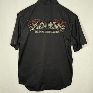 Harley Davidson Shirt Men L Black Logo Big‎ Print Button Up Biker Moto Flames